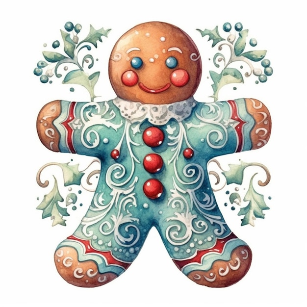 a close up of a gingerbread man with holly leaves and berries generative ai