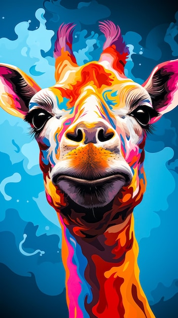 Close up of giraffe's face on blue background Generative AI