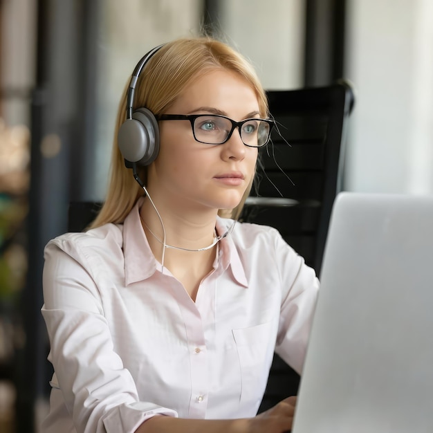 close up Girl Bank employee in white shirt and with blue eyes glasses blonde looking at computer