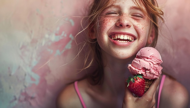 Photo close up of a girl holding ice cream and feeling happy