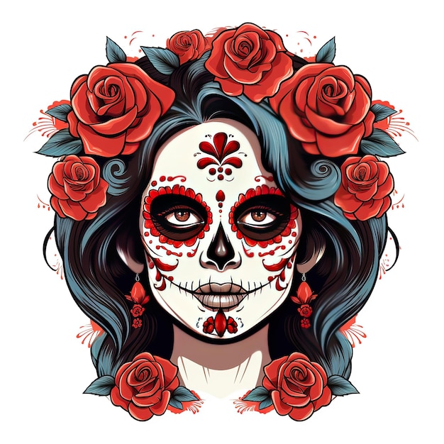 close up girl sugar skull face roses dia de muertos