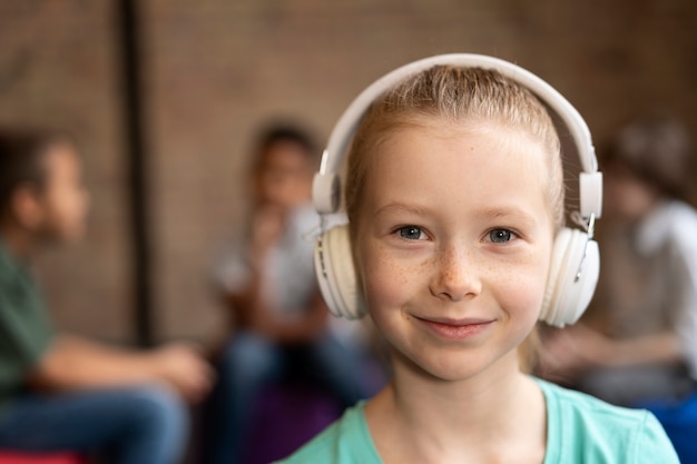 Close up girl wearing headphones