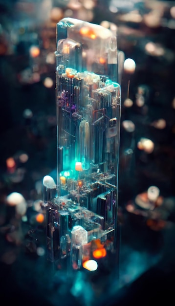 Close up of glass block with cityscapecture lights and cityscape generative ai