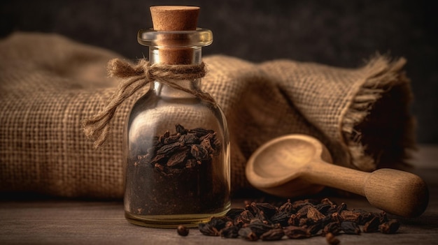 Close up glass bottle of clove oil and cloves in wooden shovel on burlap sack