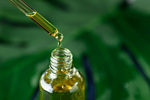 Close-up of glass bottle with pipette and cosmetic yellow oil on green plant background, drop of serum concept