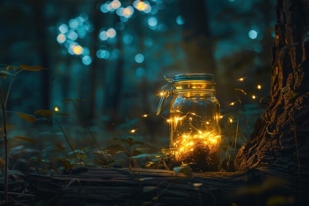 Close up glass jar containing glowing forest fireflies located in a forest setting