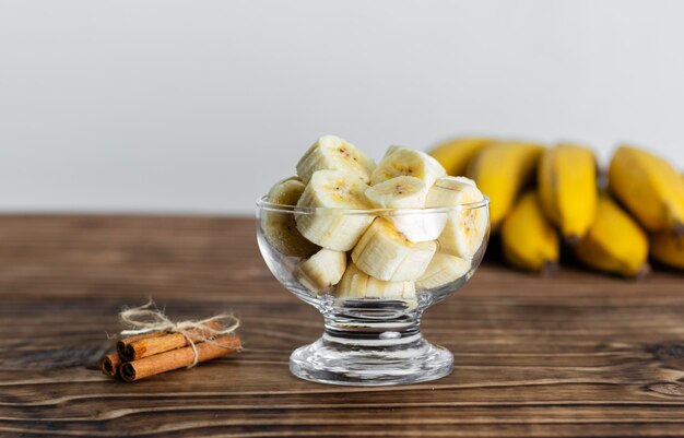 Close up on glass jar with pieces of banana