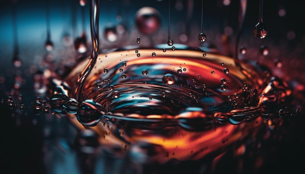 A close up of a glass of liquid with the word oil on it