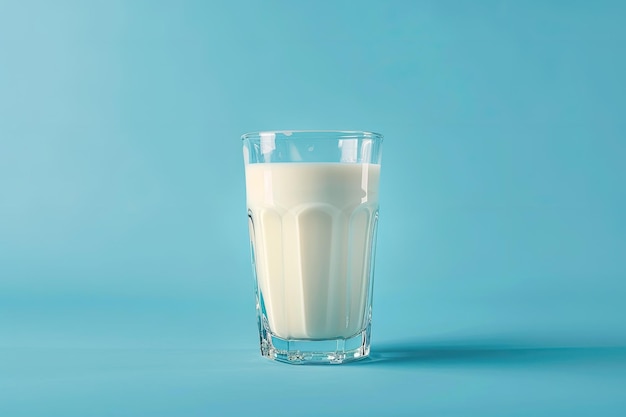 Close up of glass of milk on blue background with space for text Idea of dairy product