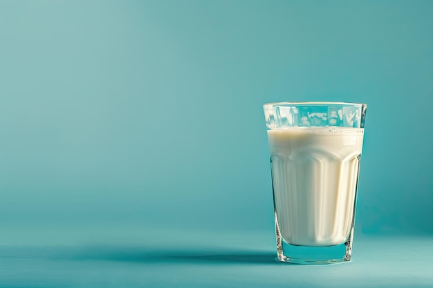 Close up of glass of milk on blue background with space for text Idea of dairy product