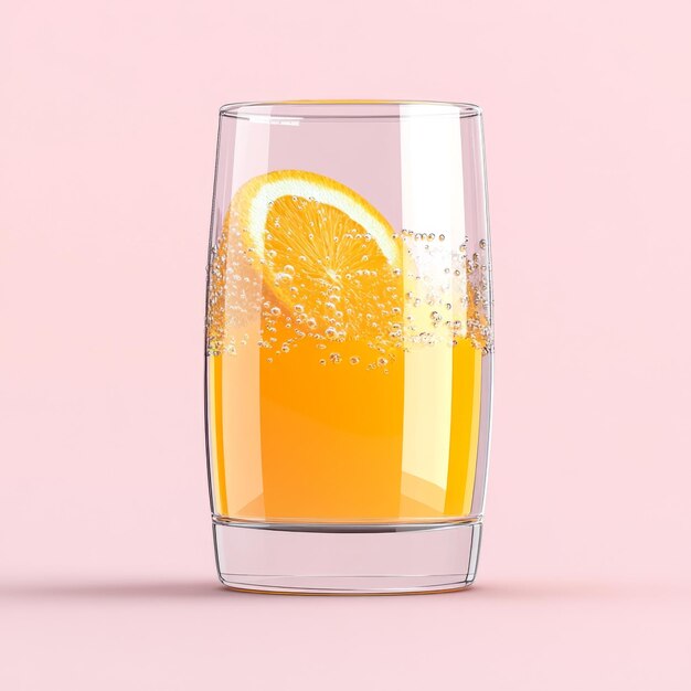 A close up of a glass of orange juice with a slice of orange floating on top