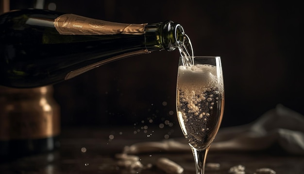 Close up of a glass pouring champagne a symbol of celebration generated by artificial intelligence