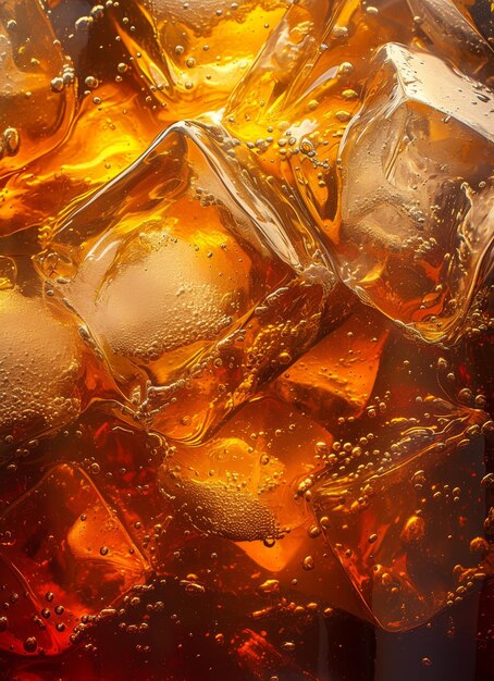 A close up of a glass of soda with ice cubes in it