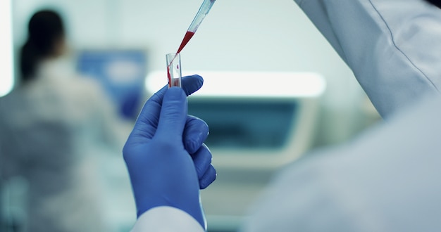 Close up of the glass test tube with a blood in it in hands in medical gloves of the man or woman while they doing analysis in the laboratory.