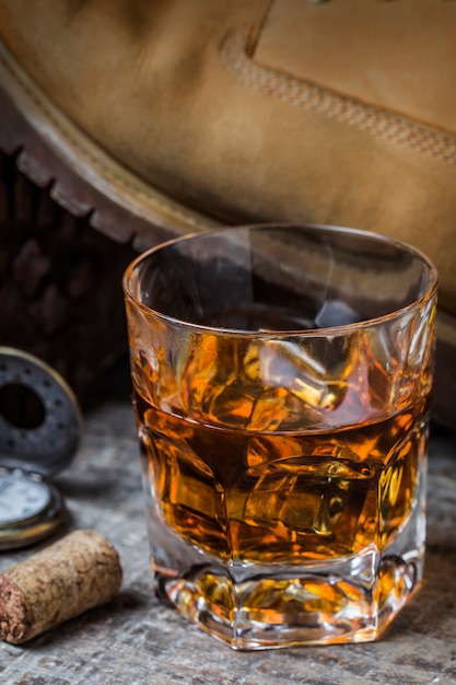 Close-up of glass of whiskey with ice