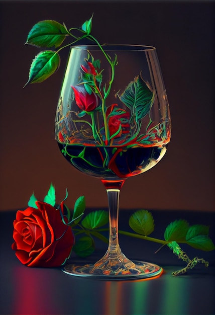 Close up of a glass of wine with a rose generative ai