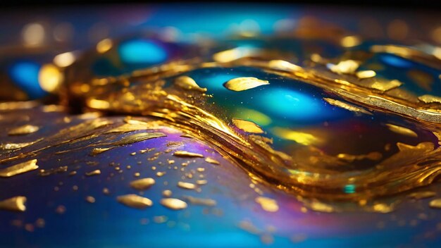 a close up of a glass with gold and blue colors