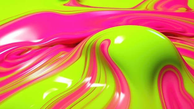 The close up of a glossy liquid surface in bright lime green and hot pink colors with a soft focus 3D illustration of exuberant