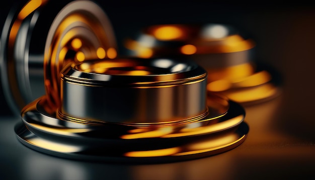 A close up of gold and black metal rings with the word " on the top. "