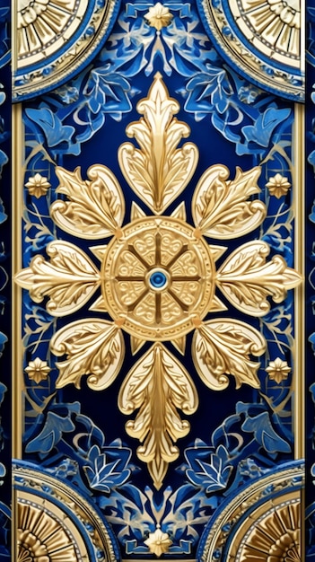 A close up of a gold and blue decorative design on a blue wall generative ai