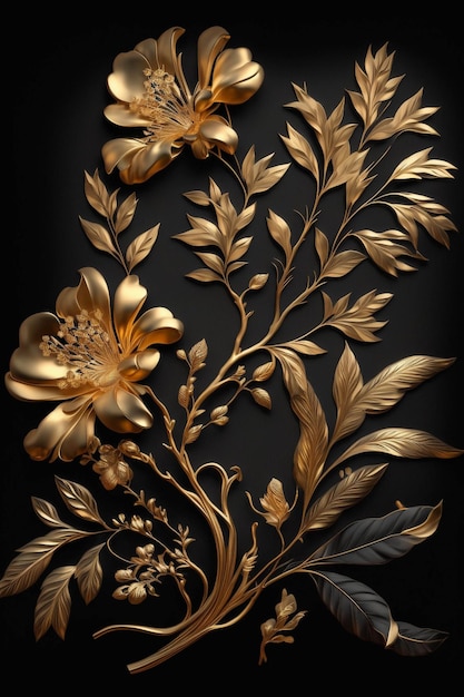 A close up of a gold flower on a black background generative ai