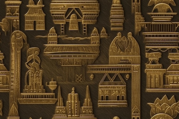 a close up of a gold plate with a lot of different buildings generative ai