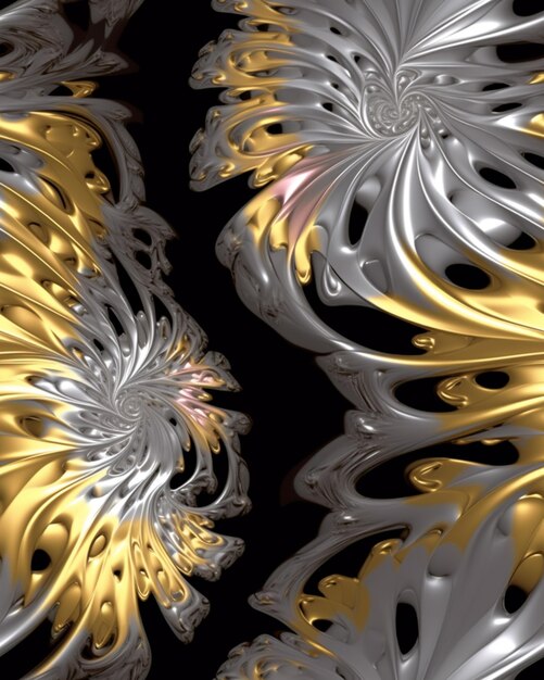 A close up of a gold and silver abstract design on a black background generative ai