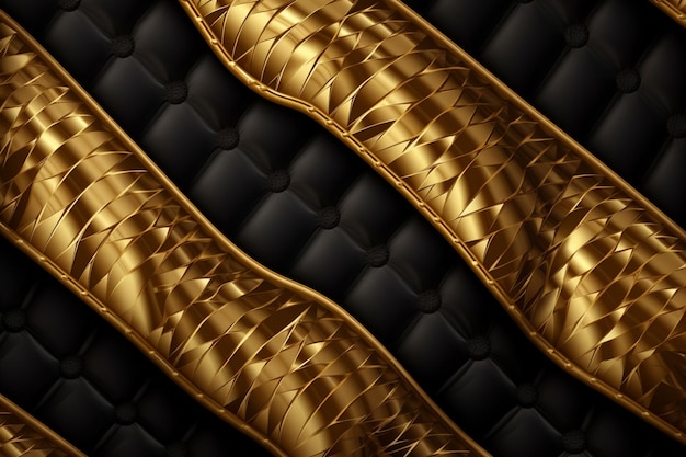 A close up of a gold snake skin pattern on a black leather background generative ai