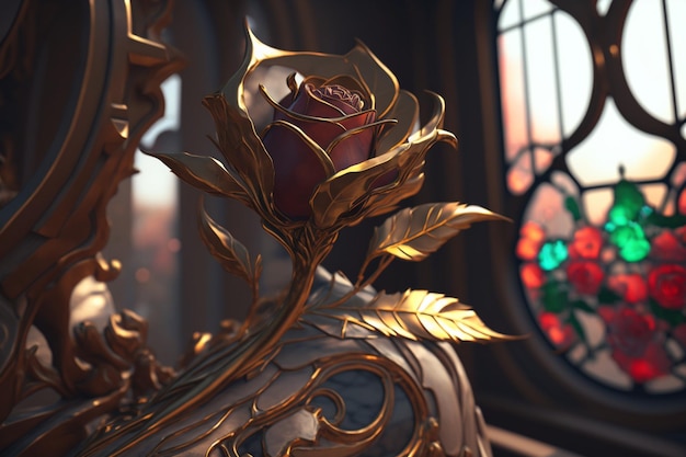 A close up of a gold statue with a rose on it