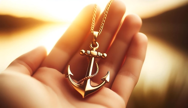 Close Up of Golden Anchor Pendant Hanging from Chain with Soft Focus Background