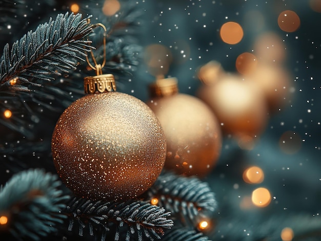 Close up of golden balls on christmas tree Bokeh garlands in the background New Year concept