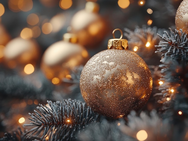 Close up of golden balls on christmas tree Bokeh garlands in the background New Year concept