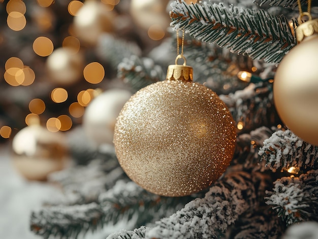 Close up of golden balls on christmas tree Bokeh garlands in the background New Year concept