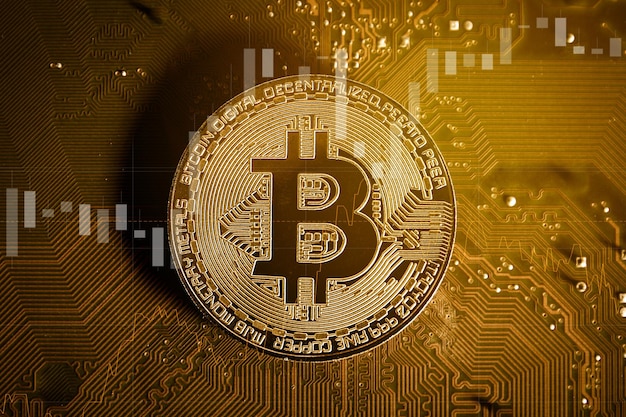 Close up of golden bitcoin coin on computer mother board background with trading graph