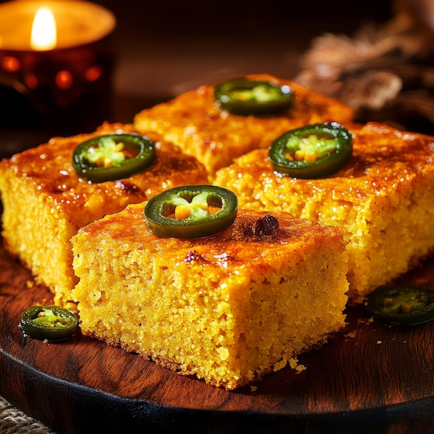 Photo close up of golden cornbread squares topped with green jalapeno slices