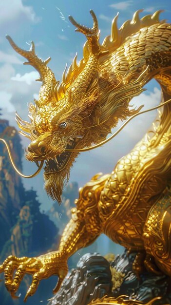 a close up of a golden dragon statue on a rock generative ai