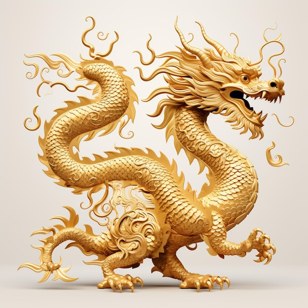 A close up of a golden dragon statue on a white surface generative ai