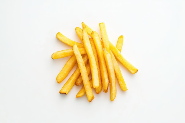 Close up of golden french fries on a white background