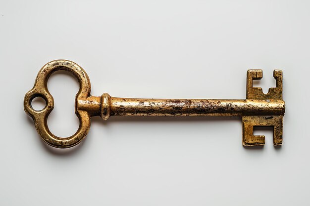 A close up of a golden key on a white surface