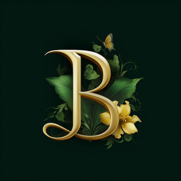 a close up of a golden letter with flowers and a butterfly generative ai