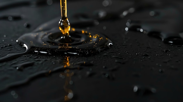 Photo close up of golden liquid droplets on a dark surface