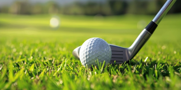 Close up golf ball and club on grassy field at golden hour Golf advertising campaign