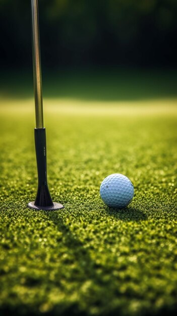 A close up of a golf ball on a green putting hole generative ai