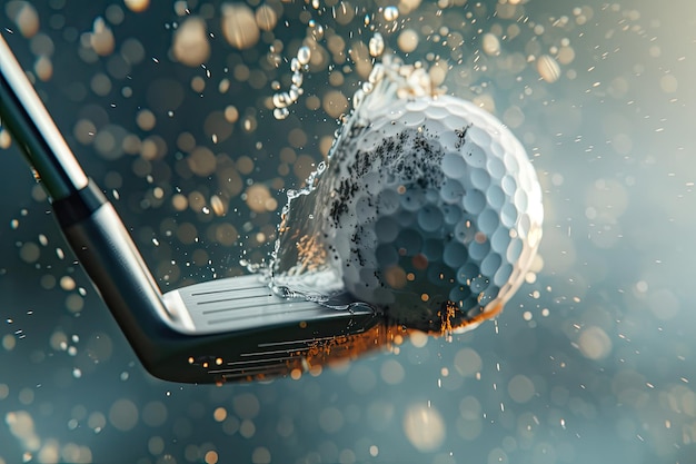 Photo close up of golf club hitting a golf ball at the moment of impact