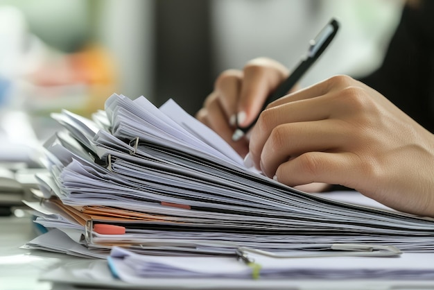 Photo a close up of government employee working at desk surrounded by paperwork