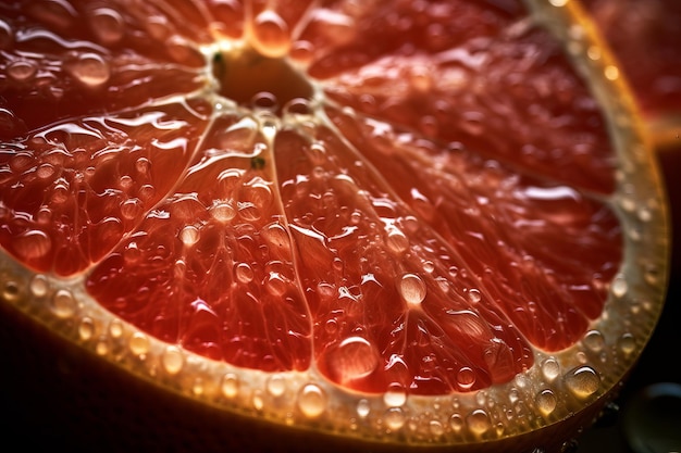 A close up of a grapefruit slice with water droplets on it.