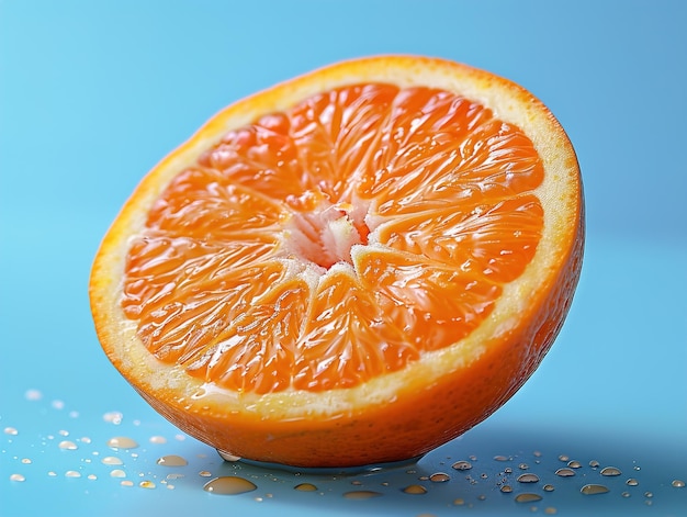 a close up of a grapefruit with seeds on a blue background