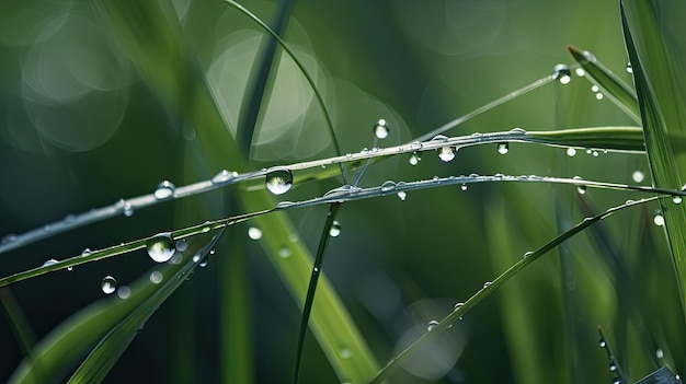 A close up of grass with dew drops on it