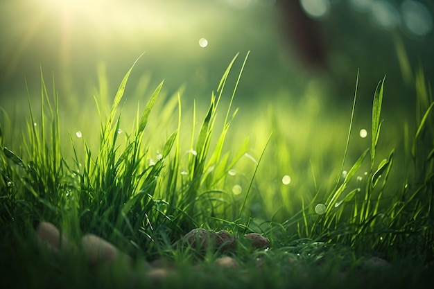 A close up of grass with the sun shining on it