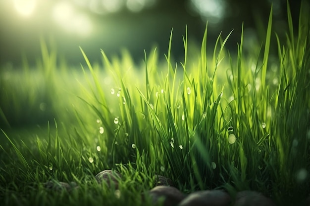 A close up of grass with the sun shining on it